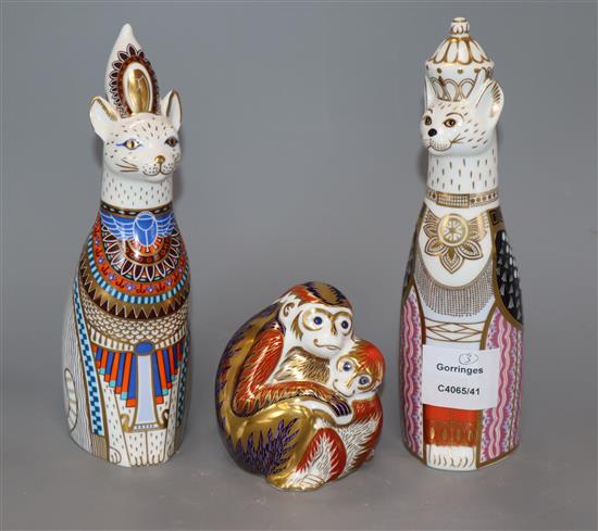Royal Crown Derby paperweights from the Cats series - Egyptian and Siamese and a Monkey and baby paperweight (3)